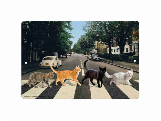 Cats crossing Abbey Road Decorative Metal Sign, 12 x 8 inches, Vintage Street Scene with Cats