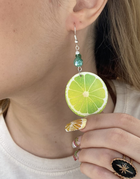 sliced lime round Dangle Earrings with a glass beads. A Unique gift idea