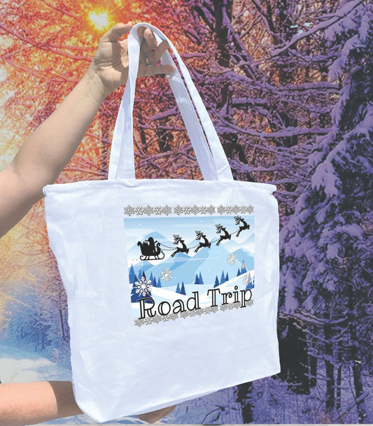 Road trip Santa sleigh, Heavy weight cotton canvas large zippered decorated tote bag a great Christmas gift