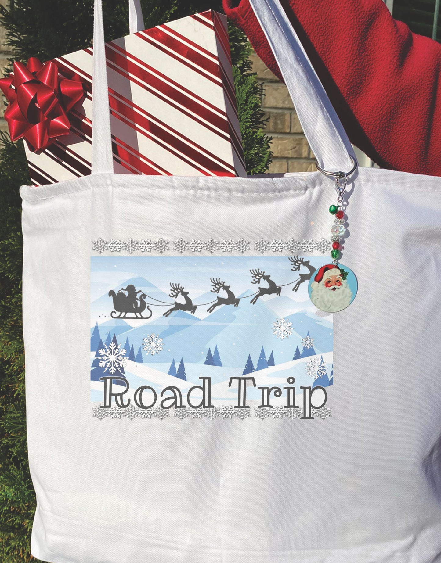 Road trip Santa sleigh, Heavy weight cotton canvas large zippered decorated tote bag a great Christmas gift
