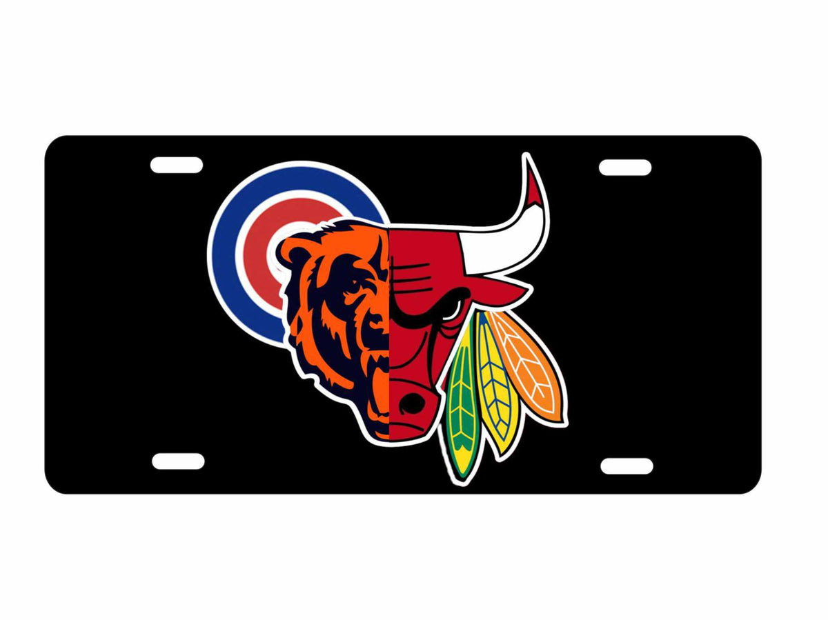 Chicago 4 teams Combined Logo Bears Blackhawks Bulls Cubs Novelty Front License Plate Decorative Aluminum Car Tag