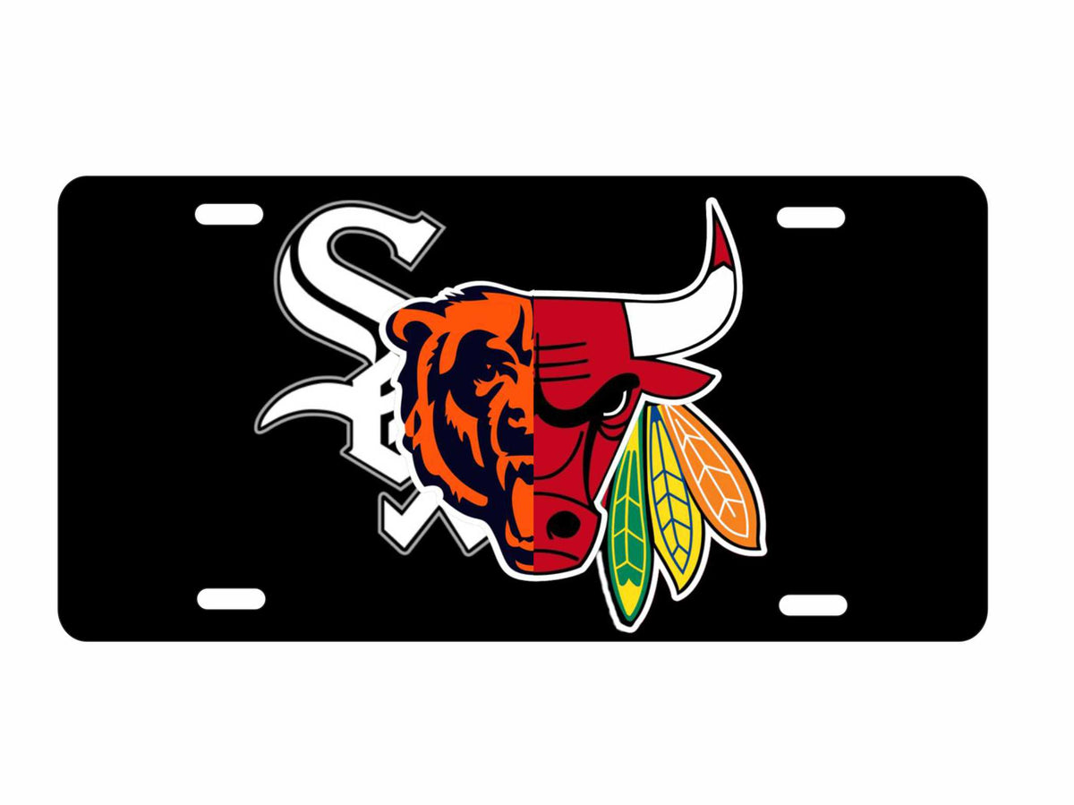 Chicago 4 sport teams Combined Logo Bears Blackhawks Bulls White Sox Novelty Front License Plate Decorative Aluminum Car Tag