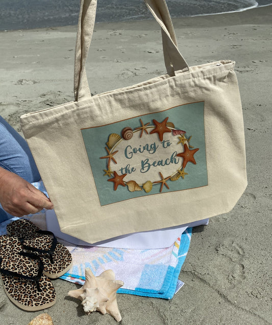 Going to the beach Heavy weight cotton canvas large zippered  tote bag