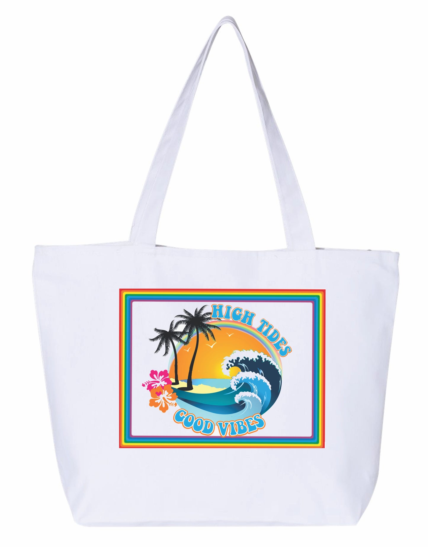 High tides Good vibes Heavy weight cotton canvas large zippered tote bag