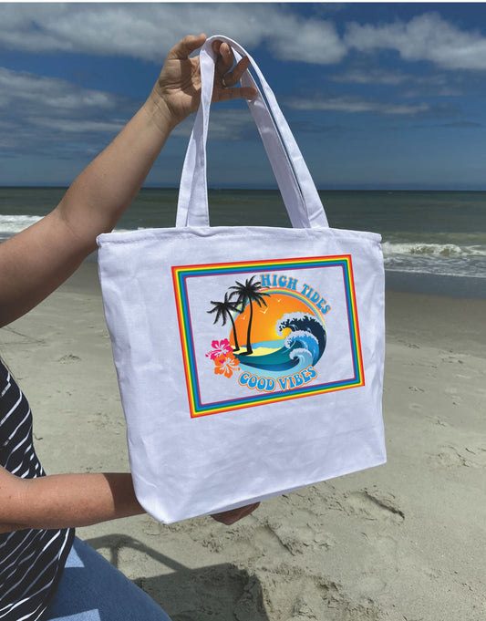 High tides Good vibes Heavy weight cotton canvas large zippered  tote bag