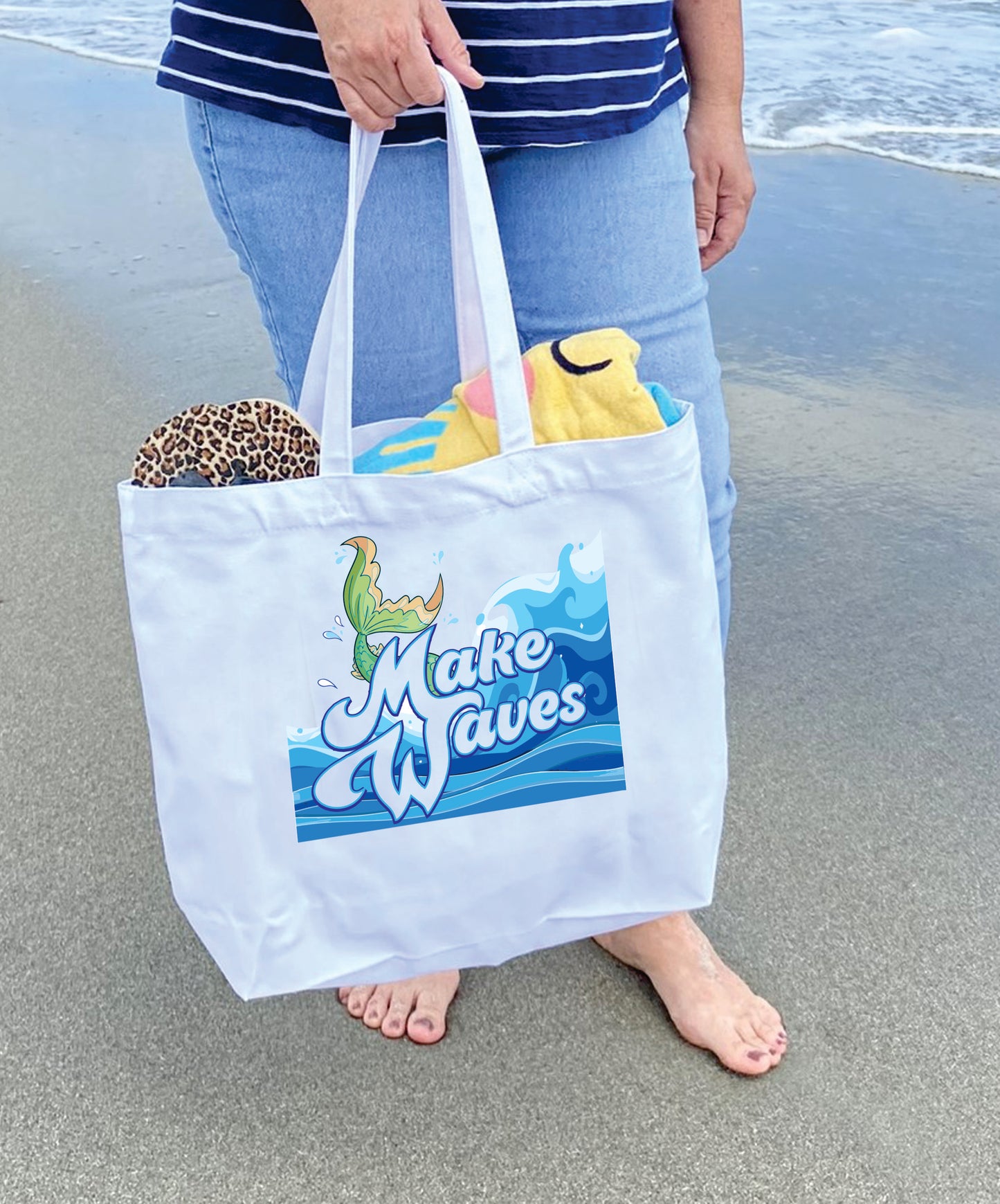 Make waves mermaid tail Heavy weight cotton canvas large zippered tote bag