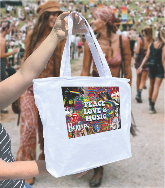 Peace love & music Heavy weight cotton canvas large zippered hippie decorated tote bag legends of rock design