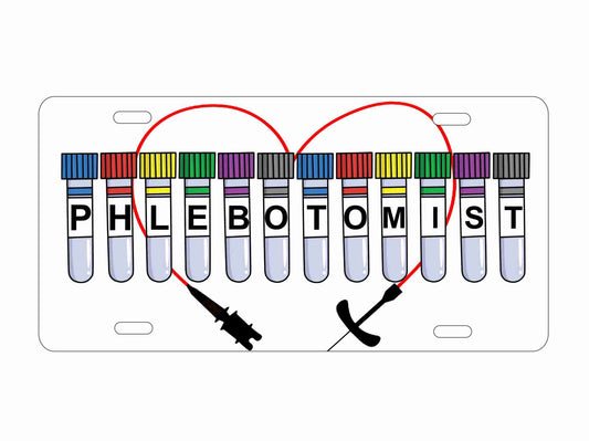 Phlebotomist front vanity Plate, Novelty Medical Design with Test Tubes, 12 x 6 inches, White car tag