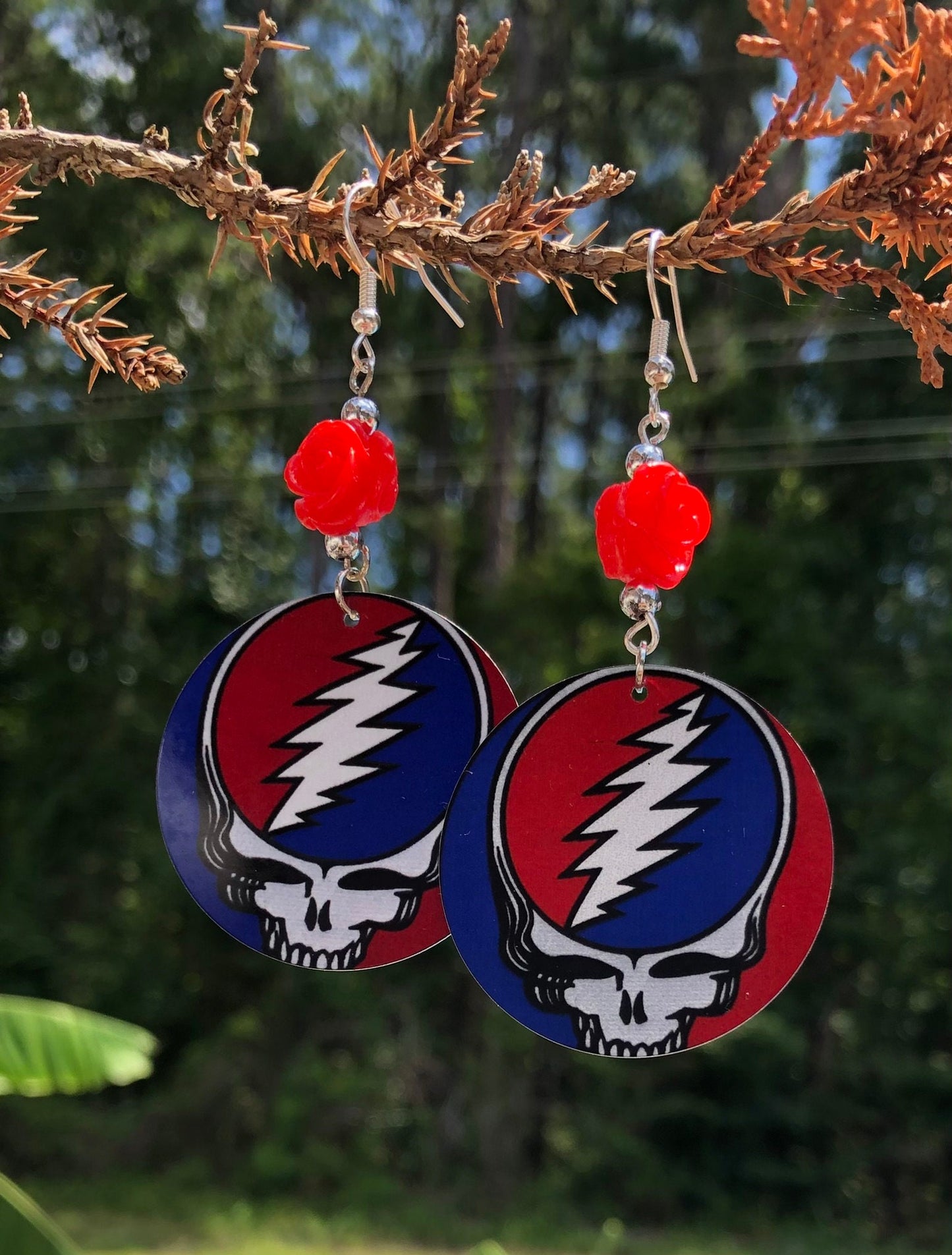 Steal your face round Dangle Earrings with a red rose bead. A Unique gift idea
