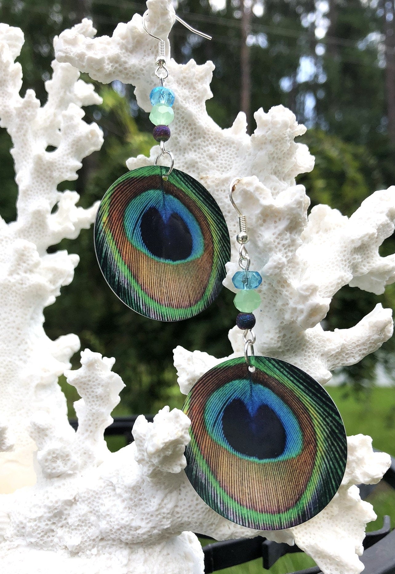 peacock feather round Dangle Earrings with a glass beads. A Unique gift idea