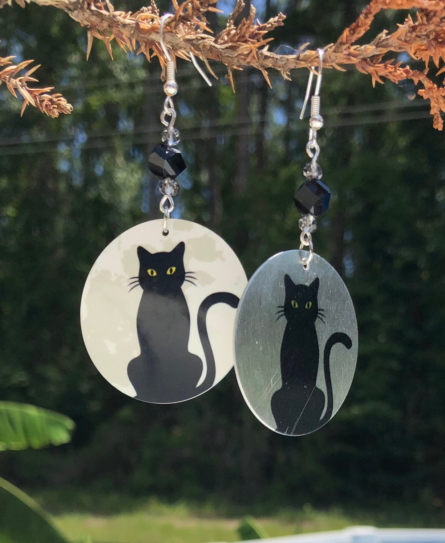 Cat and moon round Dangle Earrings with a black bead. A Unique gift idea