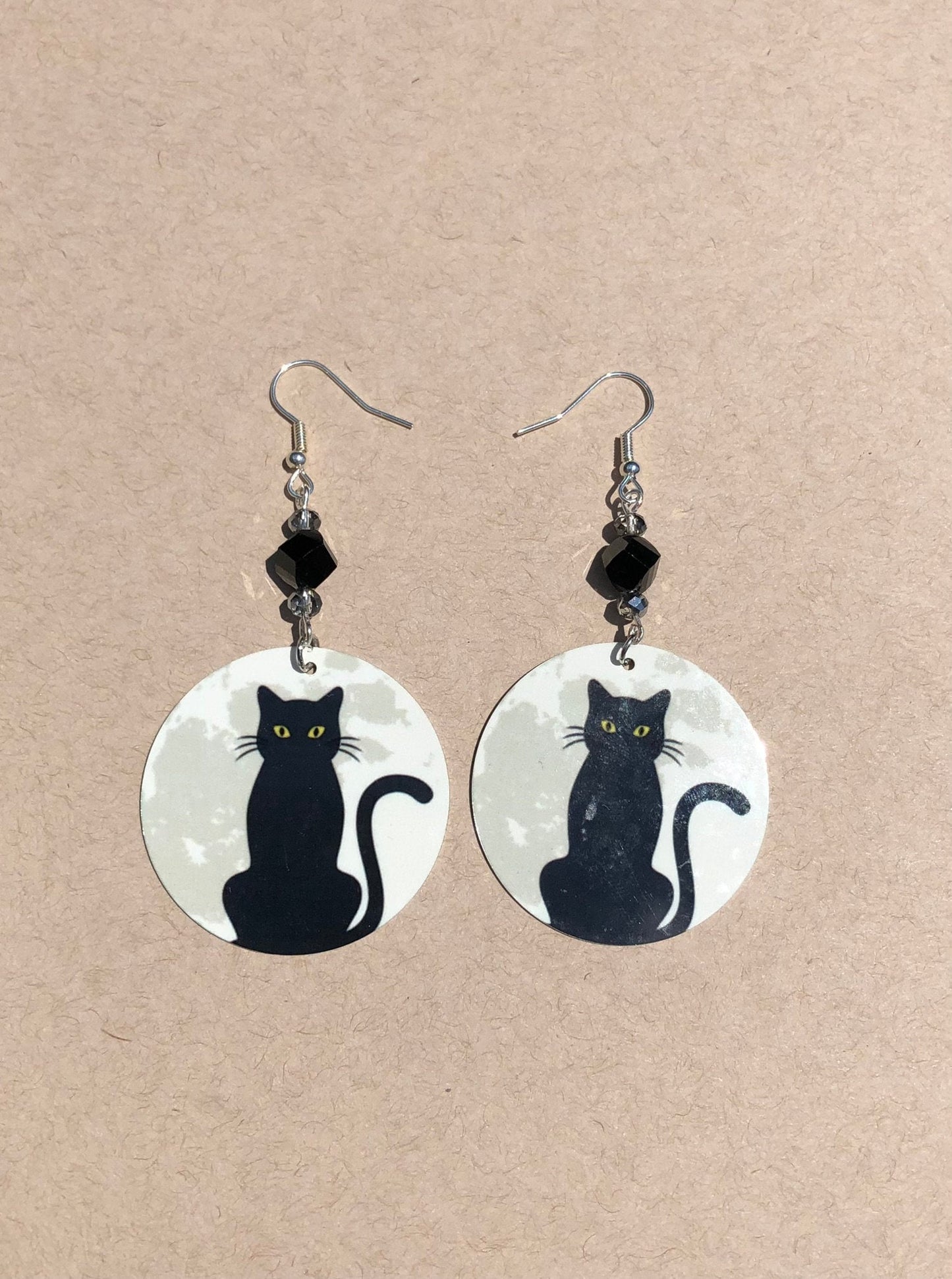 Cat and moon round Dangle Earrings with a black bead. A Unique gift idea