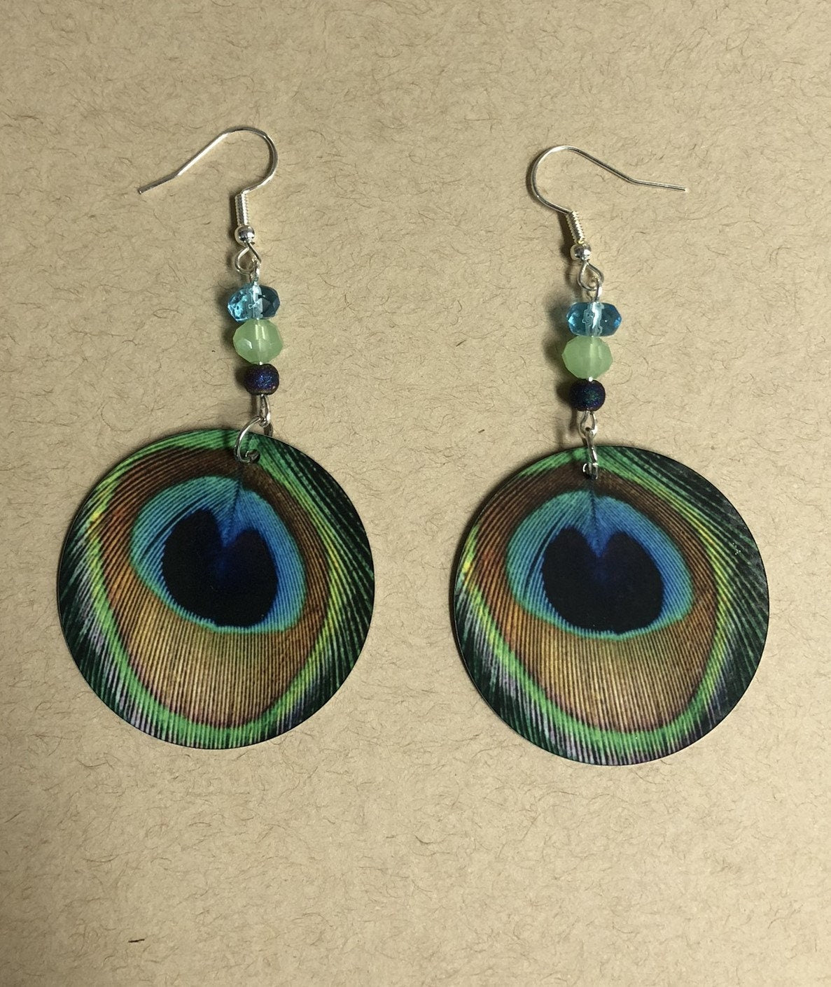 peacock feather round Dangle Earrings with a glass beads. A Unique gift idea