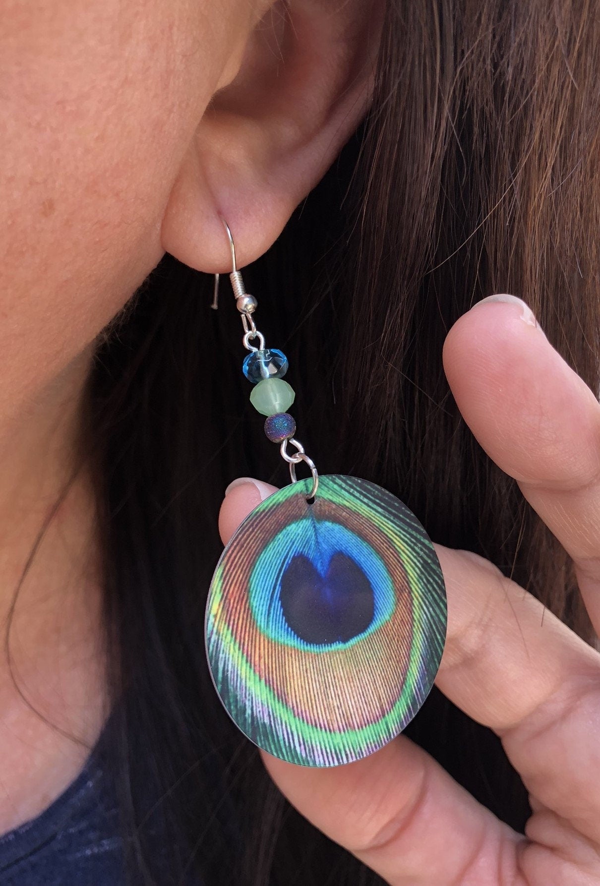 peacock feather round Dangle Earrings with a glass beads. A Unique gift idea