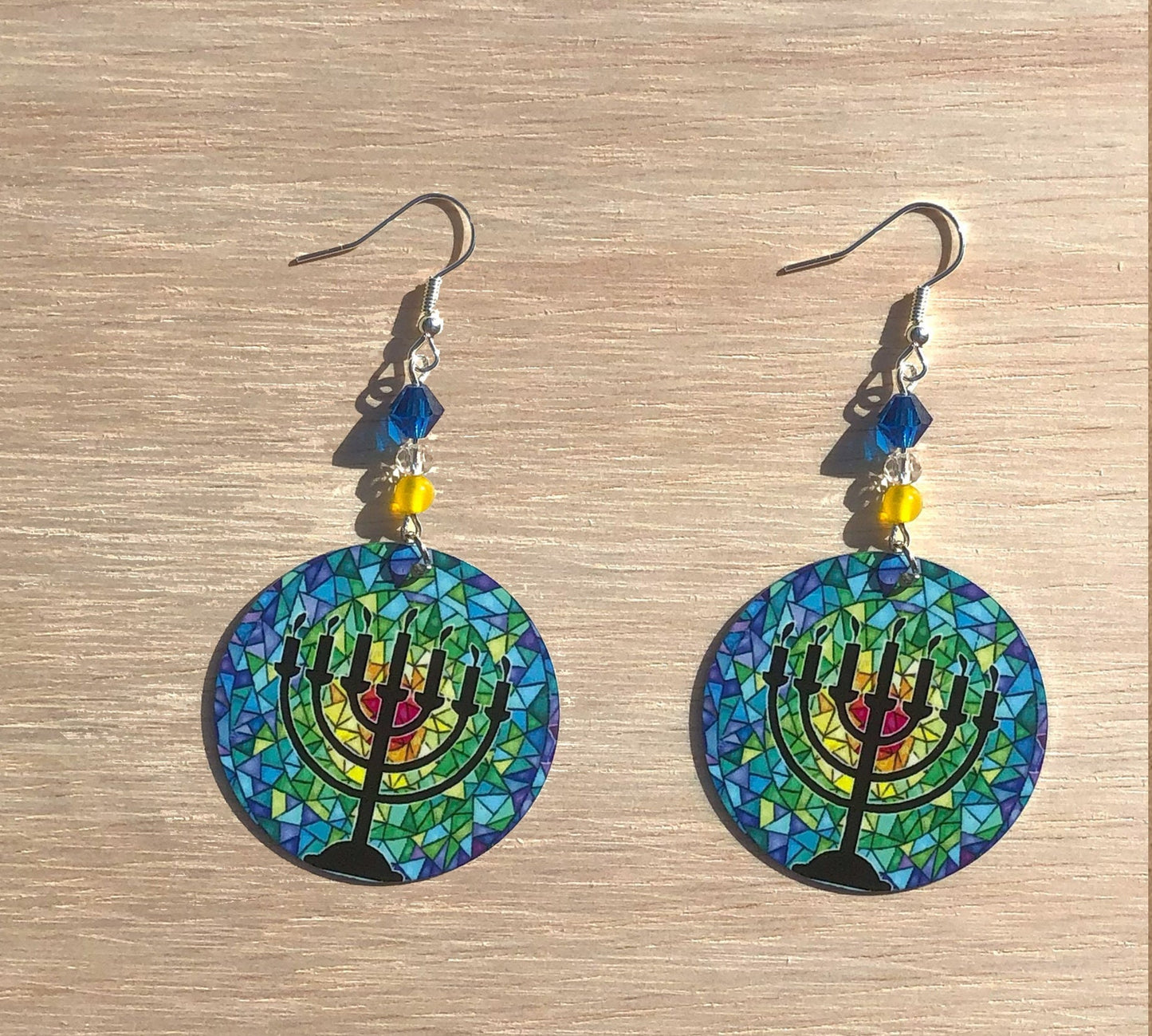 7 candle menora round Dangle Earrings with glass beads. A Unique gift idea for Chanukkah
