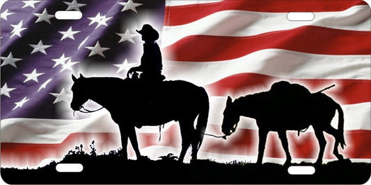 cowboy and a pack mule on American flag personalized novelty front license plate custom vanity decorative car tag