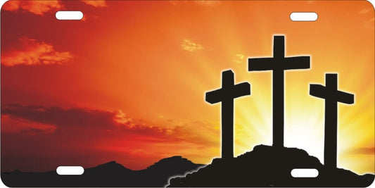 Golgotha Three Crosses on The Mountain personalized novelty license plate 3 crosses on the hill christian vanity front plate