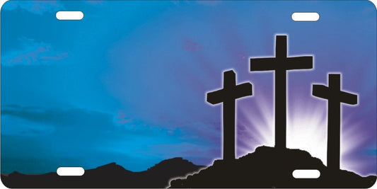 Golgotha Three Crosses on The Mountain personalized novelty license plate 3 crosses on the hill on blue background christian front plate