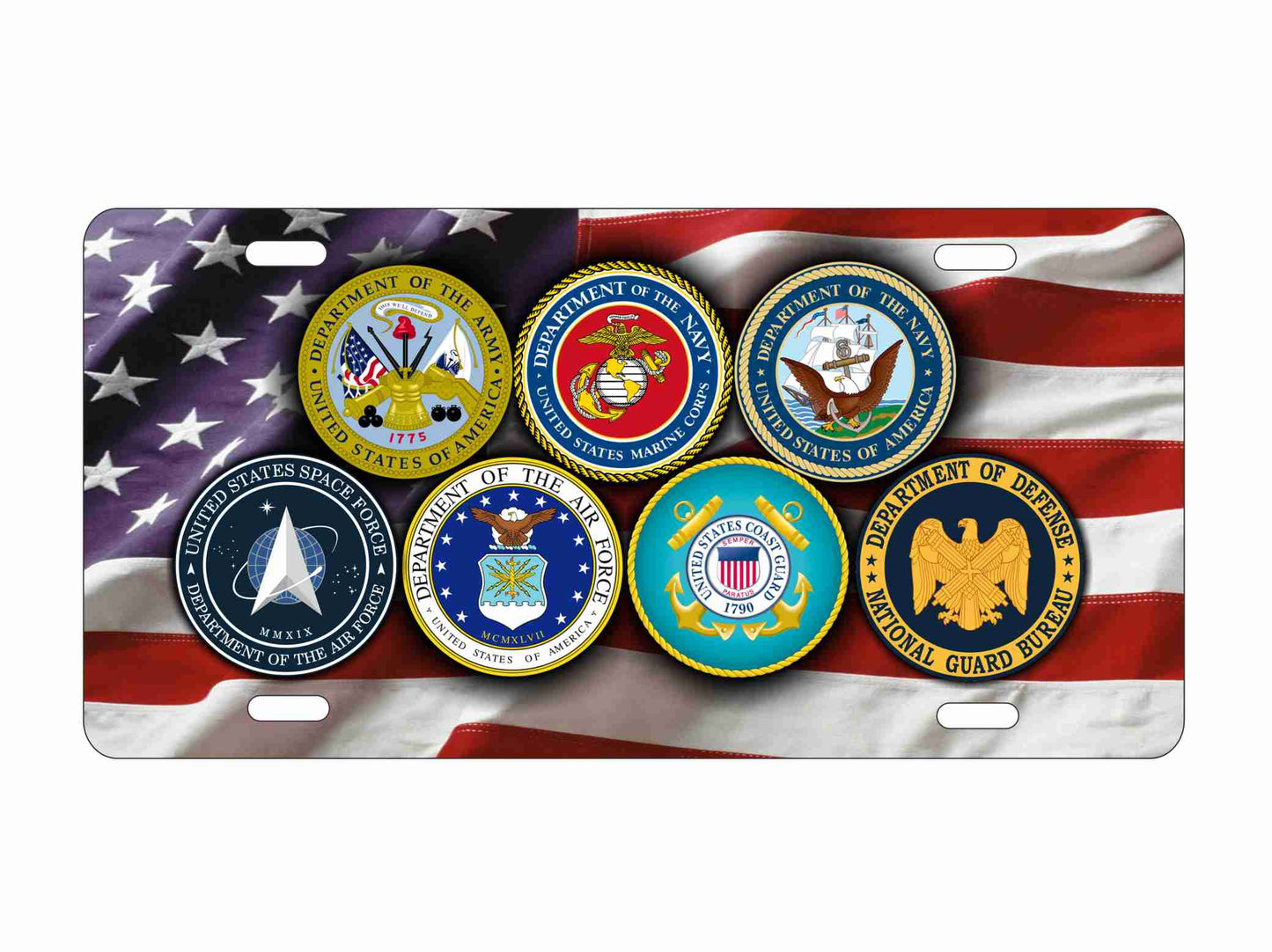 US Military Branches License Plate, 7 Armed Forces Seals with American Flag Background 12 x 6 inches