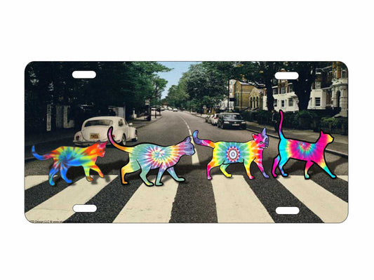Tiedye cats crossing Abbey Road decorative vanity aluminum car tag front plate