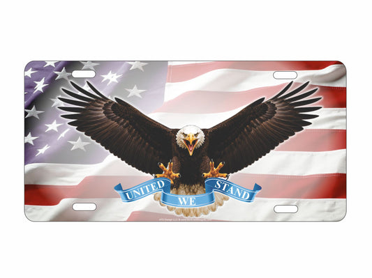 United We Stand bold eagle on American flag novelty vanity front license plate Americana decorative aluminum sign car tag