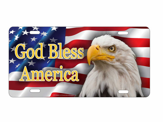 God bless America bold eagle on American flag novelty vanity front license plate Americana decorative aluminum sign car tag