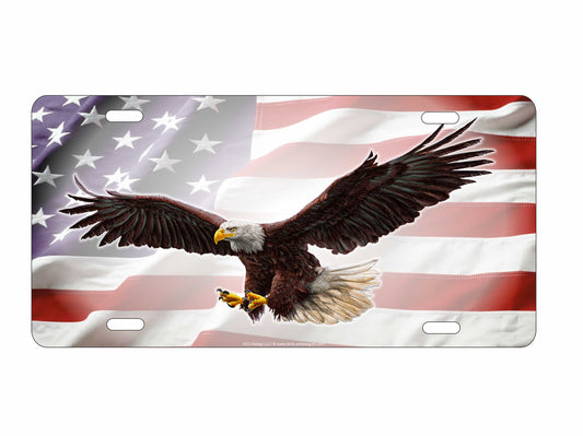 Spread eagle on American flag novelty vanity front license plate Americana decorative aluminum sign car tag