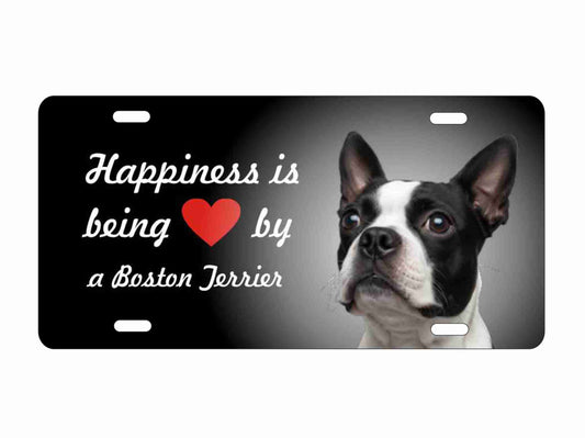 Boston Terrier novelty decorative aluminum sign, Happiness is Being Loved. Dog Lover Design, Front Plate, Black Background, Car Accessory, Novelty Plate