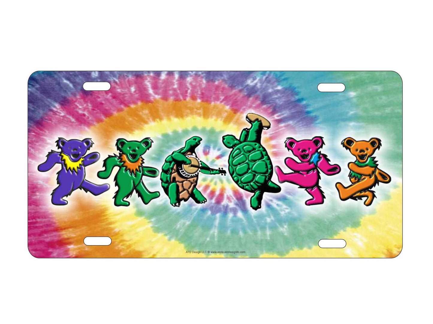 Dancing Terrapin Turtles and Iko Dancing Bears on a tie dye Background novelty front license plate Decorative aluminum vanity car tag