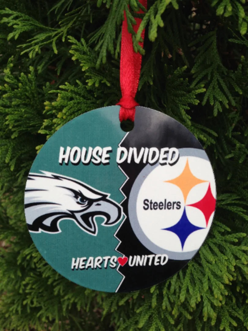 Personalized House Divided Hearts United ornaments custom made with your choice of teams or schools