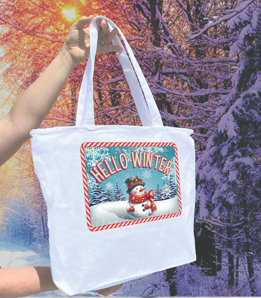 Hello winter Heavy weight cotton canvas large zippered decorated tote bag a great Christmas gift