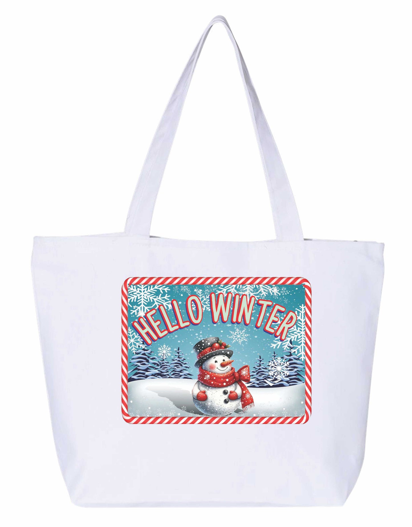 Hello winter Heavy weight cotton canvas large zippered decorated tote bag a great Christmas gift