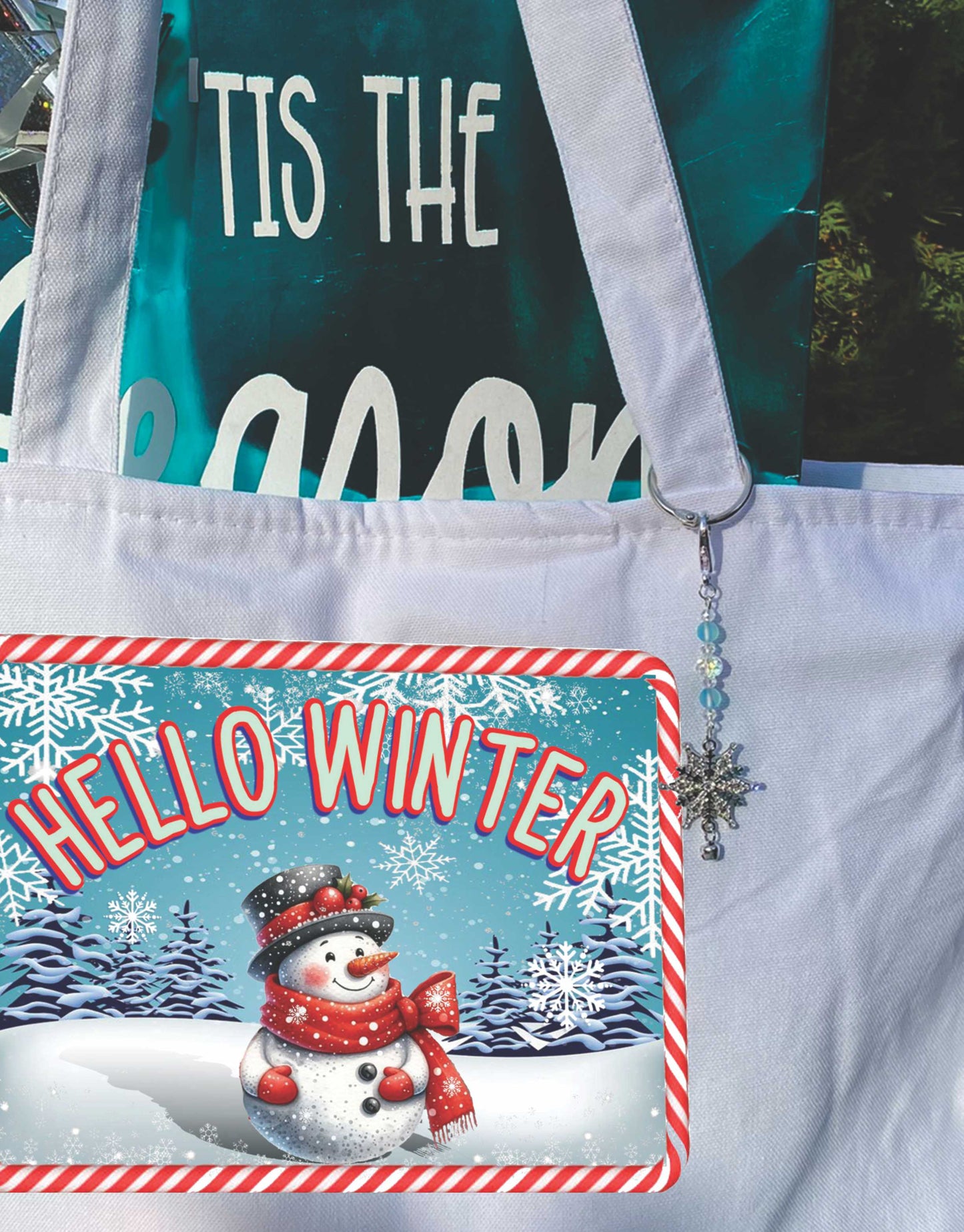 Hello winter Heavy weight cotton canvas large zippered decorated tote bag a great Christmas gift