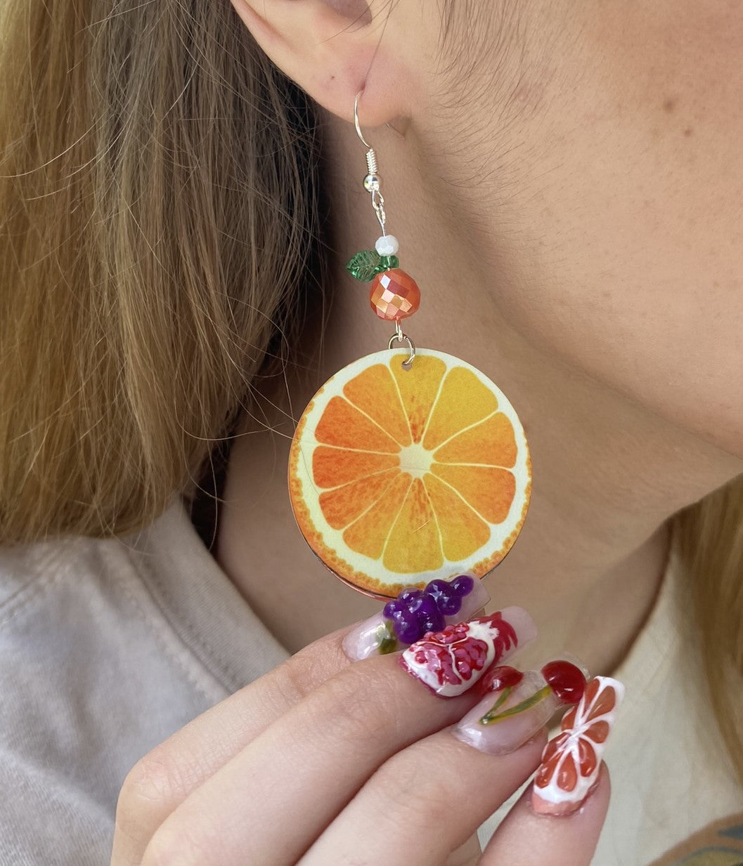 sliced orange round Dangle Earrings with a glass beads. A Unique gift idea