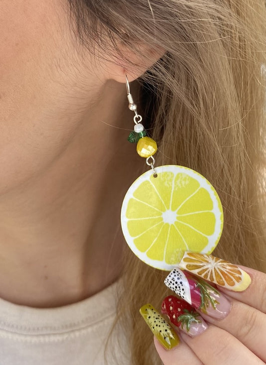 sliced lemon round Dangle Earrings with a glass beads. A Unique gift idea