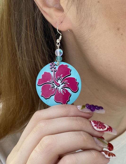 Hibiscus round Dangle Earrings with a glass beads. A Unique gift idea