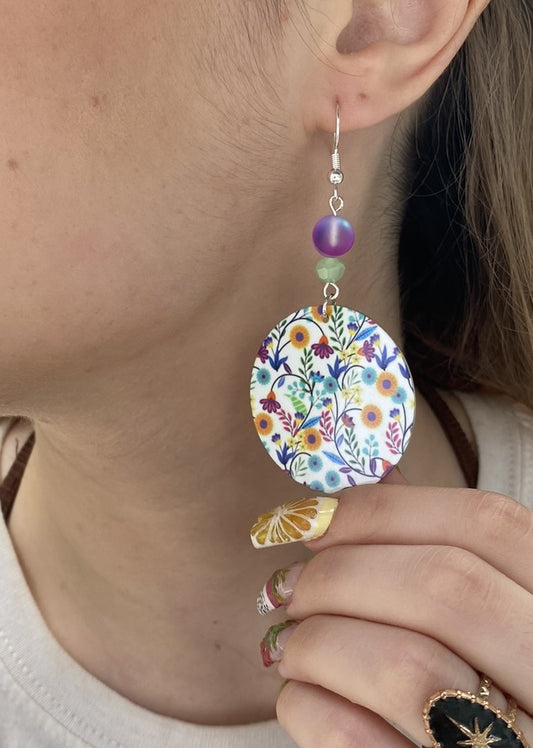 flowers wallpaper round Dangle Earrings with a glass beads. A Unique gift idea