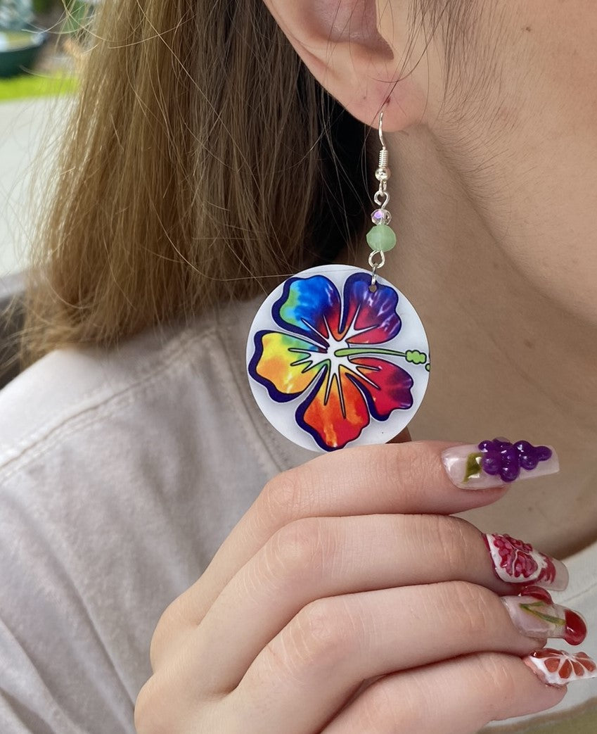 tiedye hibiscus round Dangle Earrings with a glass beads. A Unique gift idea