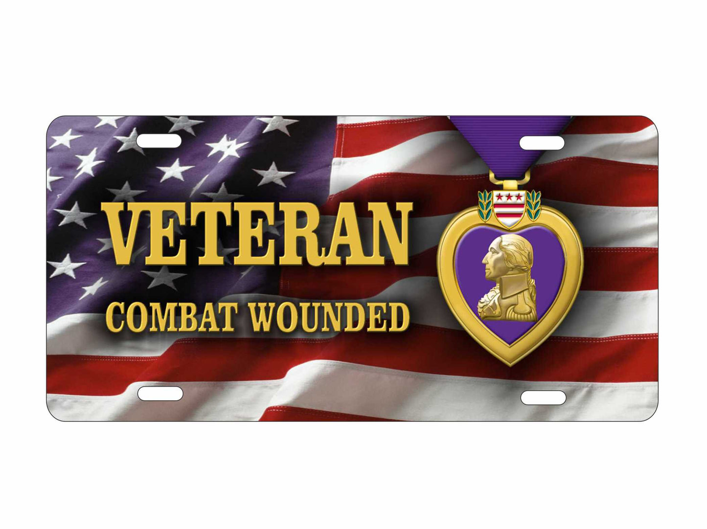 Purple Heart medal on American flag Veteran Combat Wounded Novelty front License Plate Decorative Vanity Auto Tag