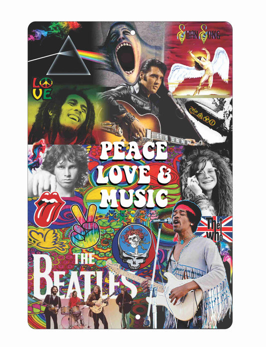 Peace love & music legends of rock decorative groovy aluminum sign