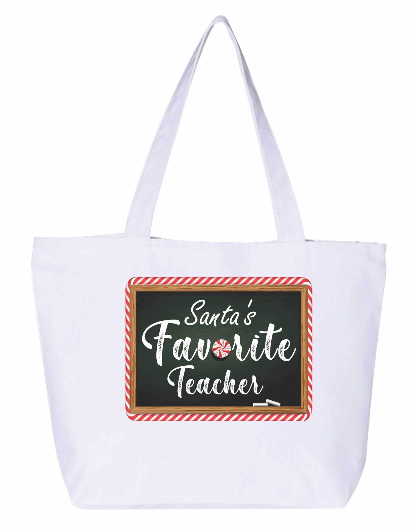 Santa's favorite teacher Heavy weight cotton canvas large zippered decorated tote bag a great Christmas gift for a teacher