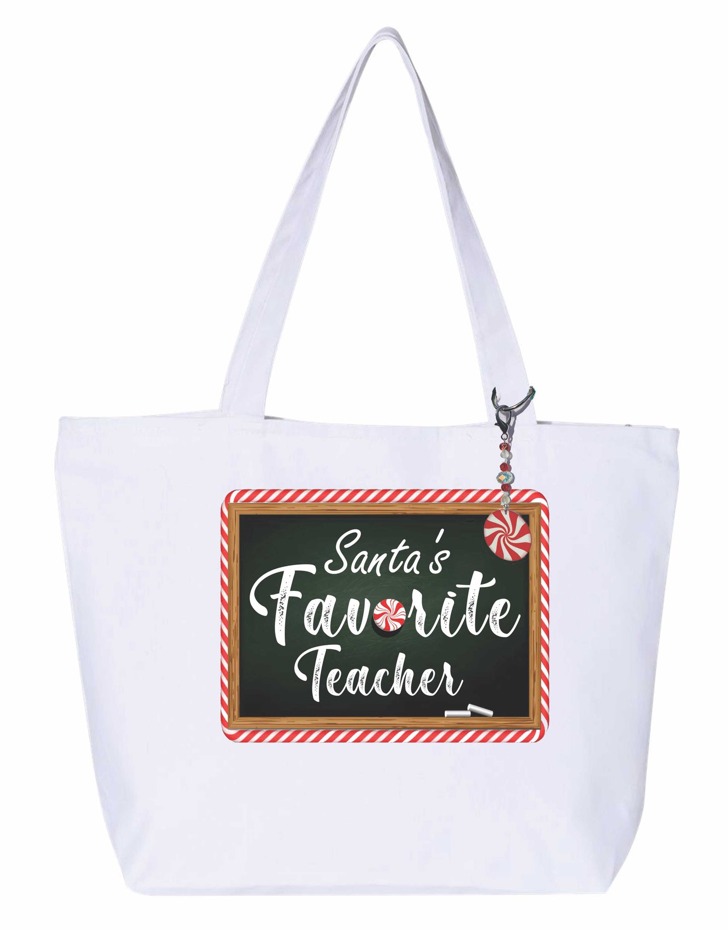 Santa's favorite teacher Heavy weight cotton canvas large zippered decorated tote bag a great Christmas gift for a teacher