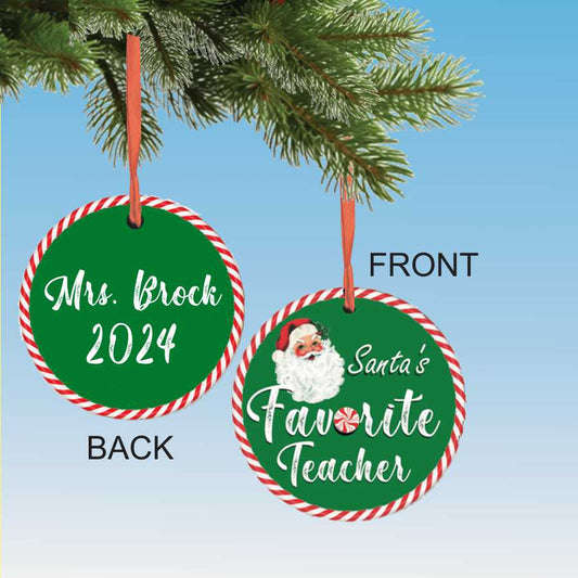 Santa's favorite teacher personalized Christmas ornament