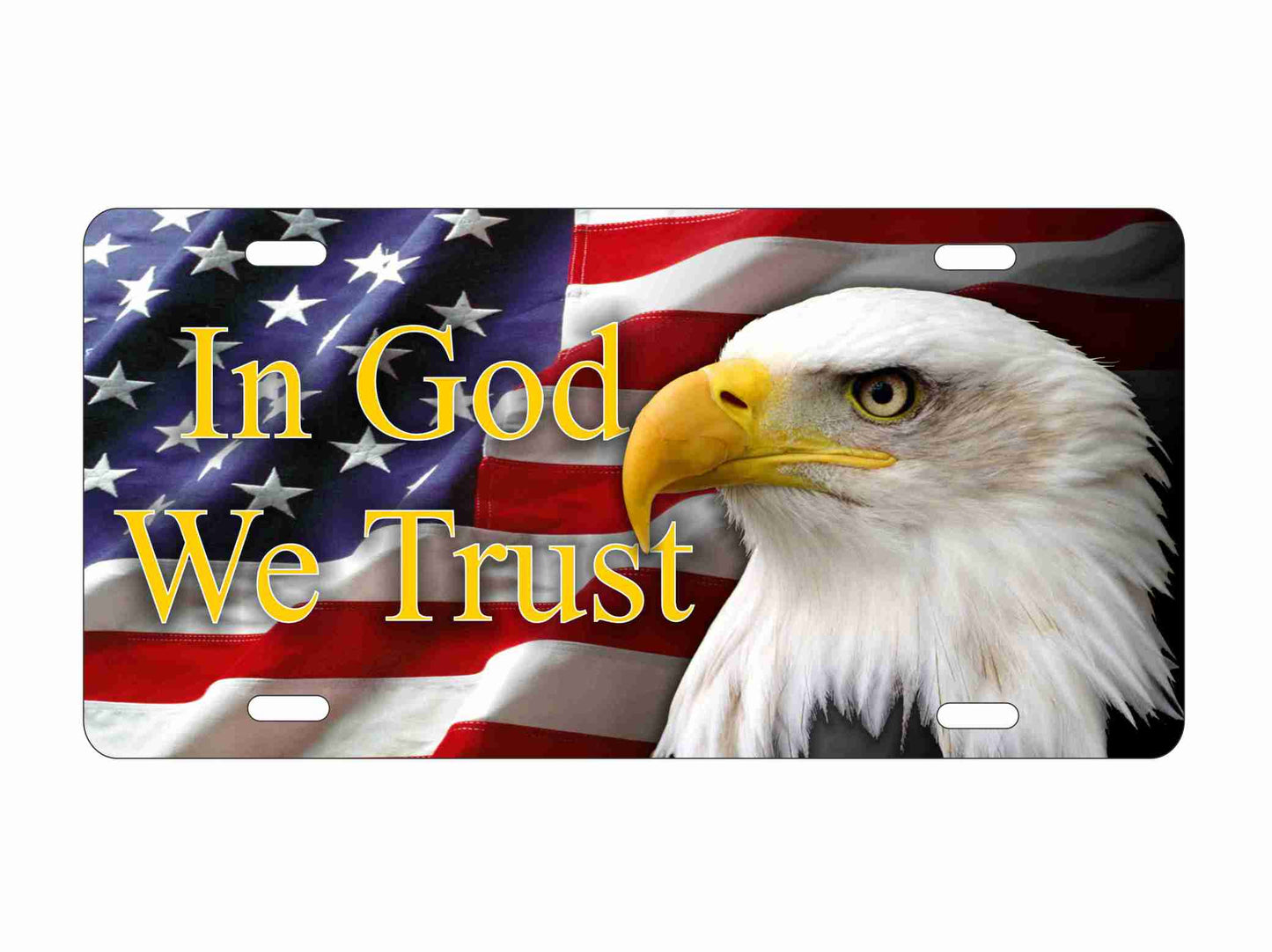 In God we trust bold eagle on American flag novelty vanity front license plate Americana decorative aluminum sign car tag