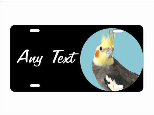 Personalized Cockatiel front vanity Plate, Custom Text, Black, Novelty decorative aluminum sign, Bird Theme