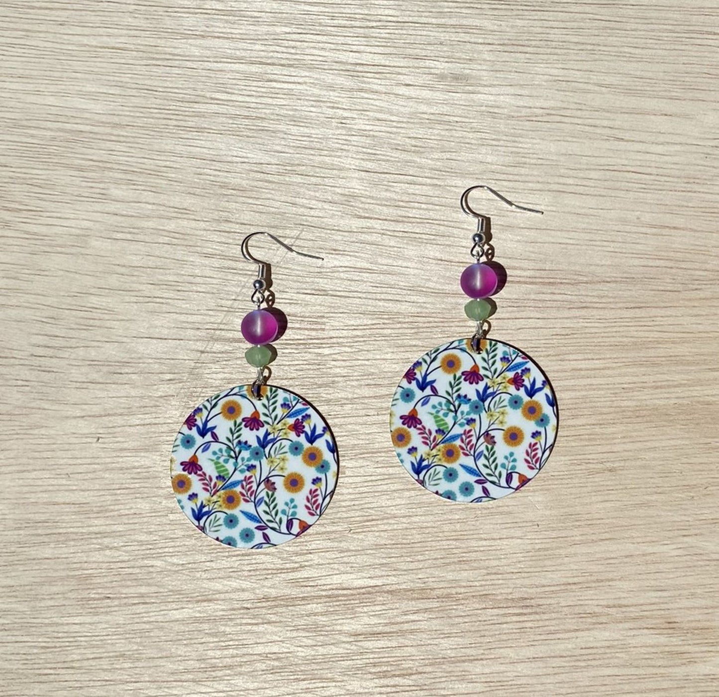 flowers wallpaper round Dangle Earrings with a glass beads. A Unique gift idea