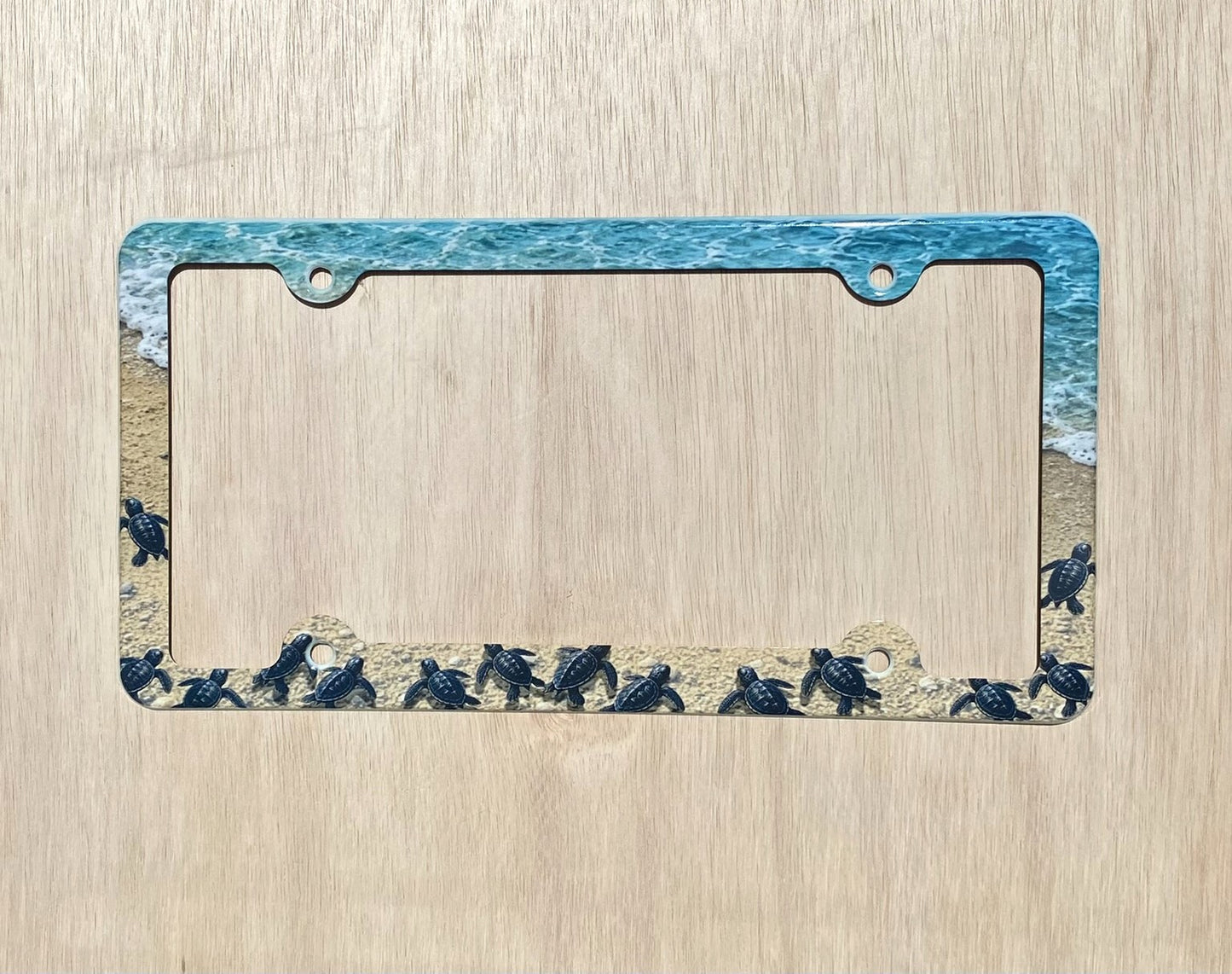 Sea Turtle Hatchlings Beach License Plate Frame | Ocean Beach Design, Baby Turtles Graphic, Universal Fit, Colorful Print, Car Accessory