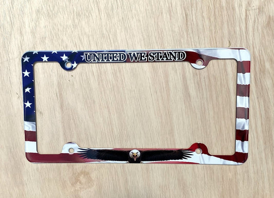 United We Stand Patriotic American Flag License Plate Frame | Bald Eagle Design, Stars & Stripes, Decorative Frame, Car Accessory, 4-Hole Mount