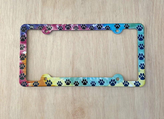 Paw prints on a tiedye License Plate Frame Decorative License Plate Holder Car Tag Frame