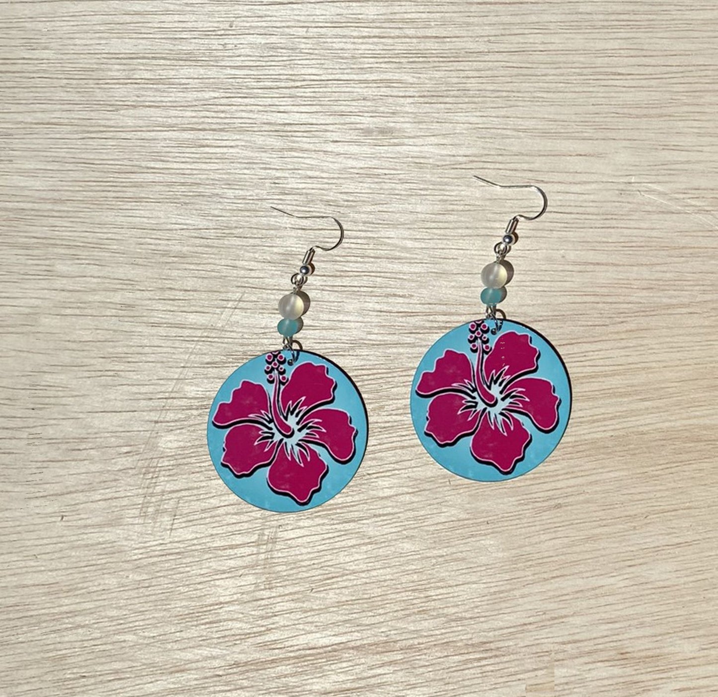 Hibiscus round Dangle Earrings with a glass beads. A Unique gift idea